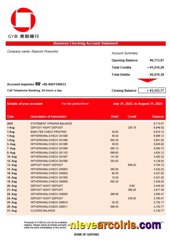 Realistic Bank Of Guiyang Firm Account Statement Word And PDF Template