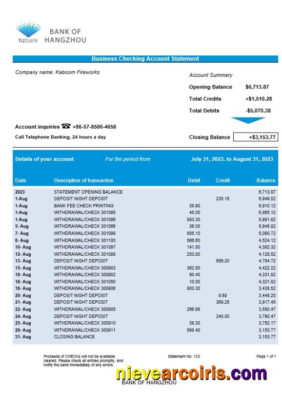 Realistic Bank Of Hangzhou Company Statement Word And PDF Template