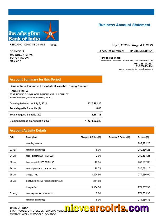 Realistic Bank Of India Company Checking Account Statement Word And PDF Template