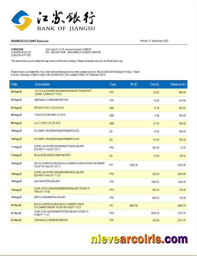 Editable Bank Of Jiangsu Corporate Account Statement Word And PDF Template