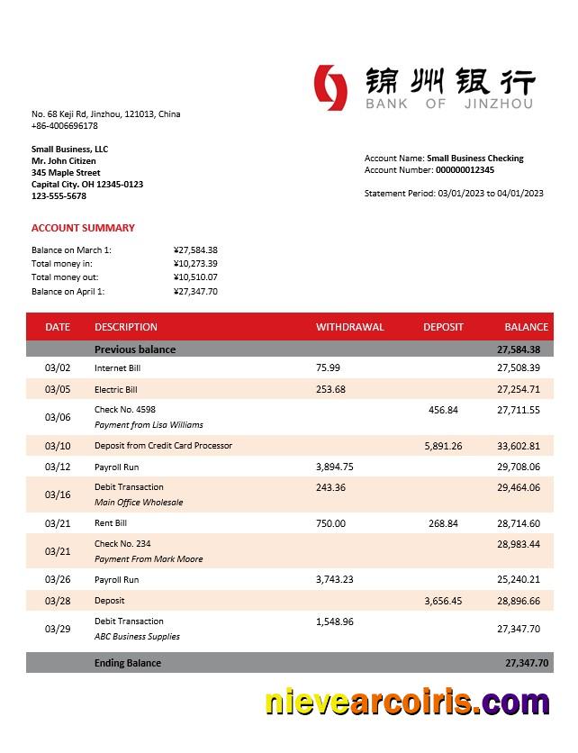 Realistic Bank Of Jinzhou Organization Account Statement Word And PDF Template