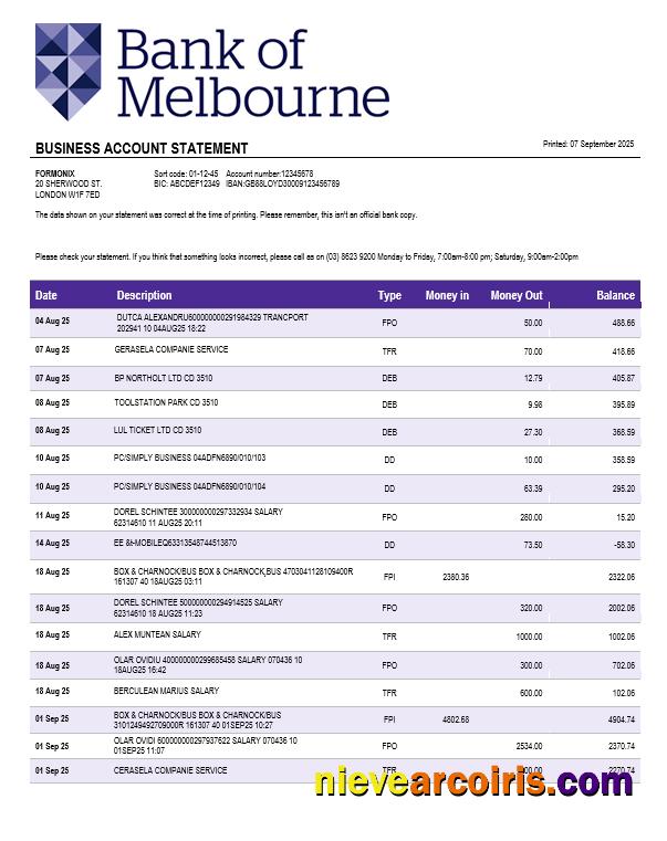Bank Of Melbourne Organization Checking Account Statement Word And PDF Format Photolook