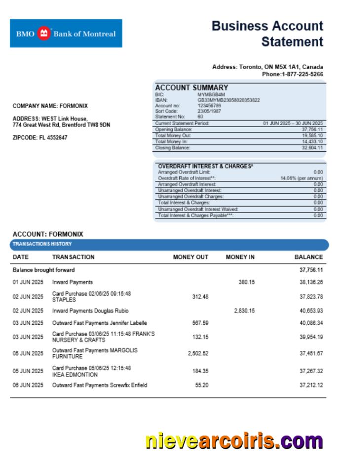 Bank Of Montreal Company Statement Word And PDF Format Preview