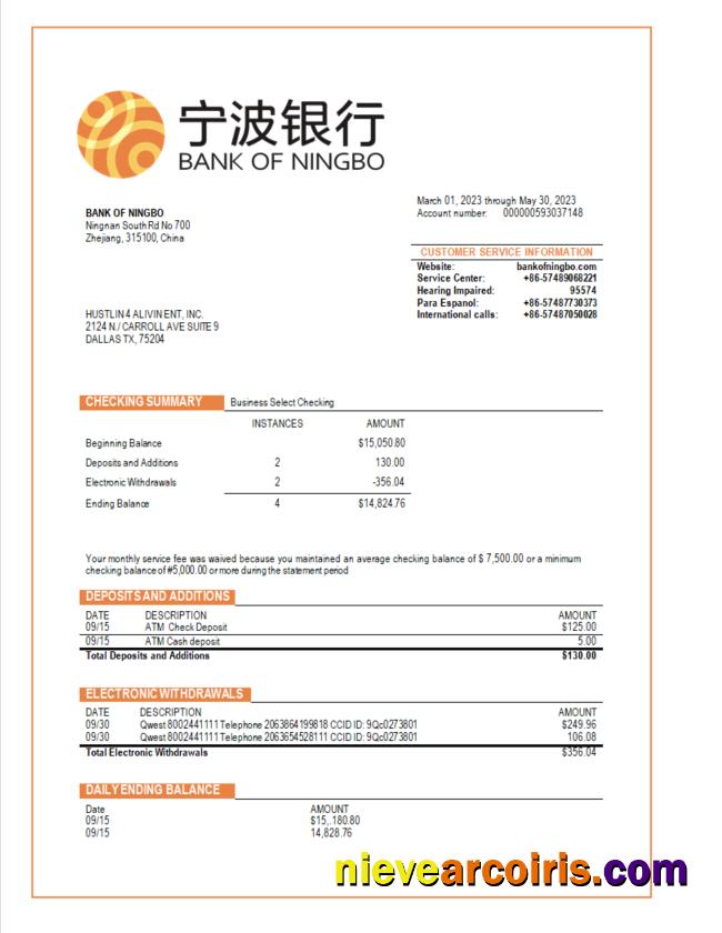Premium Bank Of Ningbo Business Bank Statement Word And PDF Template
