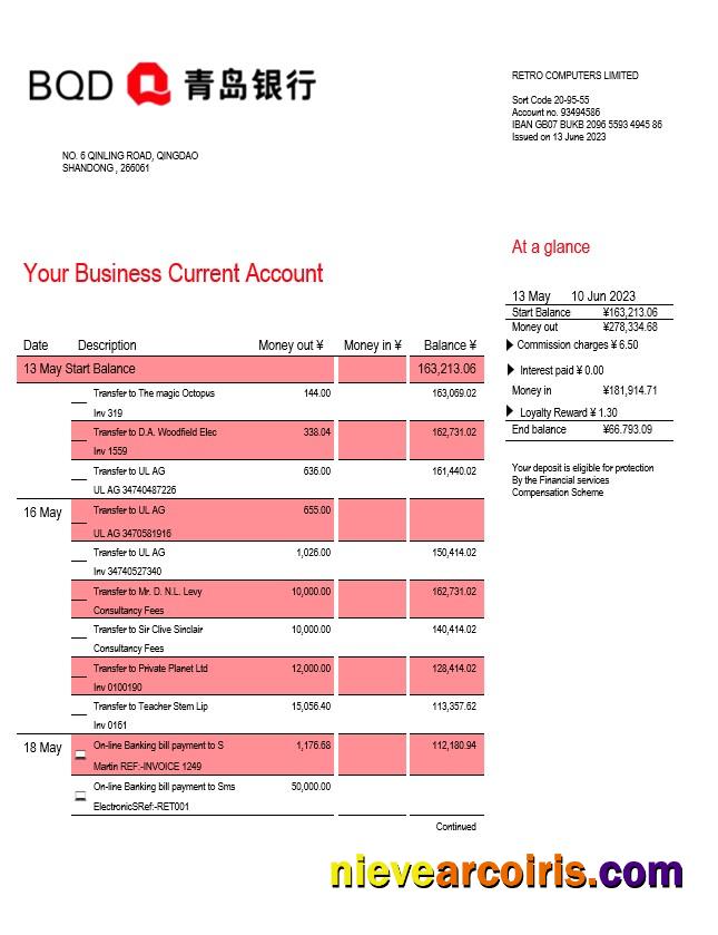Professional Bank Of Qingdao Firm Statement Word And PDF Template