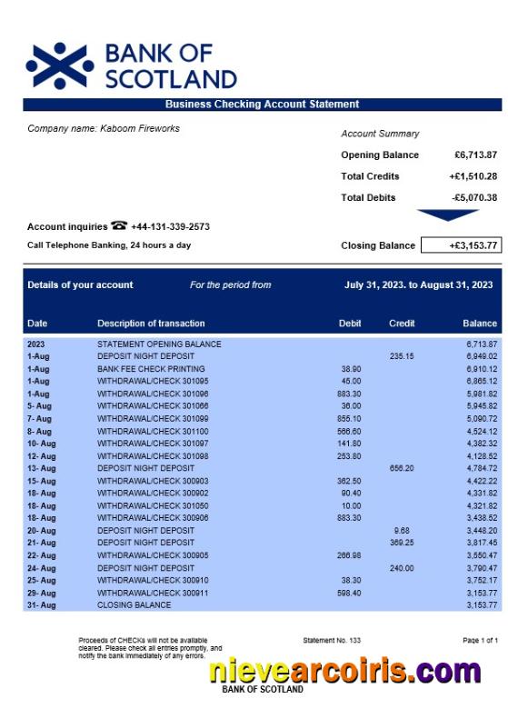 Premium Bank Of Scotland Corporate Checking Account Statement Word And PDF Template