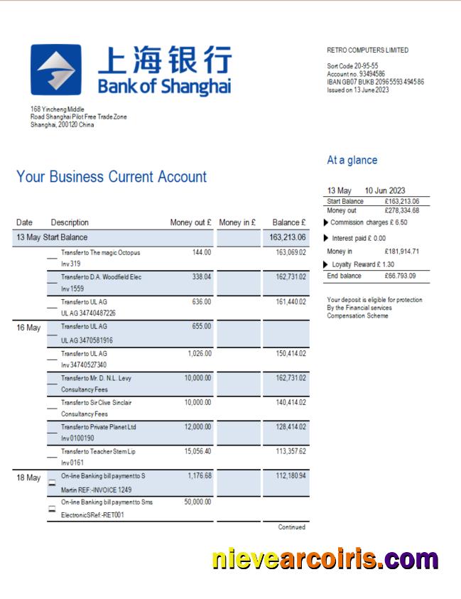 Editable Bank Of Shanghai Firm Account Statement Word And PDF Template