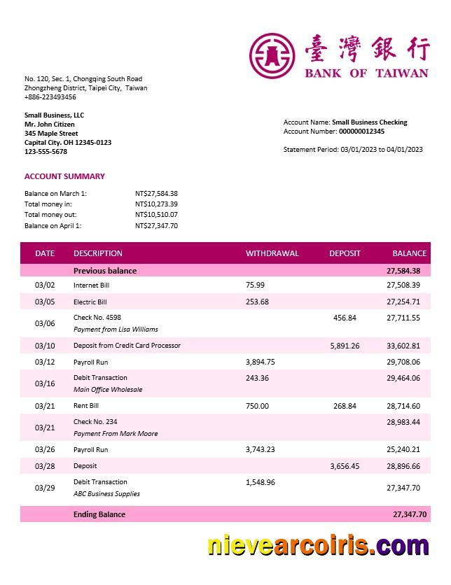 Premium Bank Of Taiwan Company Checking Account Statement Word And PDF Template