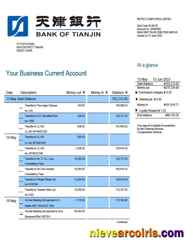 Realistic Bank Of Tianjin Business Statement Word And PDF Template