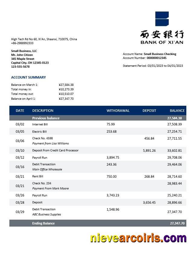 Realistic Bank Of Xi’An Enterprise Account Statement Word And PDF Template