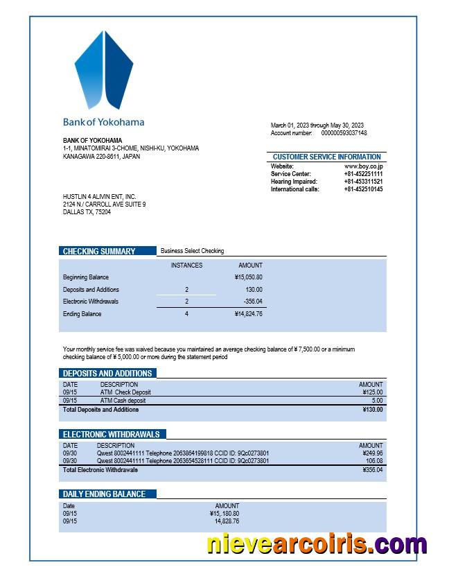 Realistic Bank Of Yokohama Company Checking Account Statement Word And PDF Template