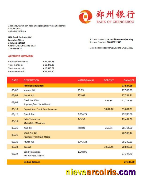 Editable Bank Of Zhengzhou Firm Account Statement Word And PDF Template