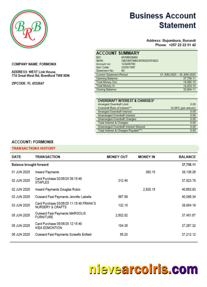 Bank Of The Republic Of Burundi Company Statement Word And PDF Format Sample