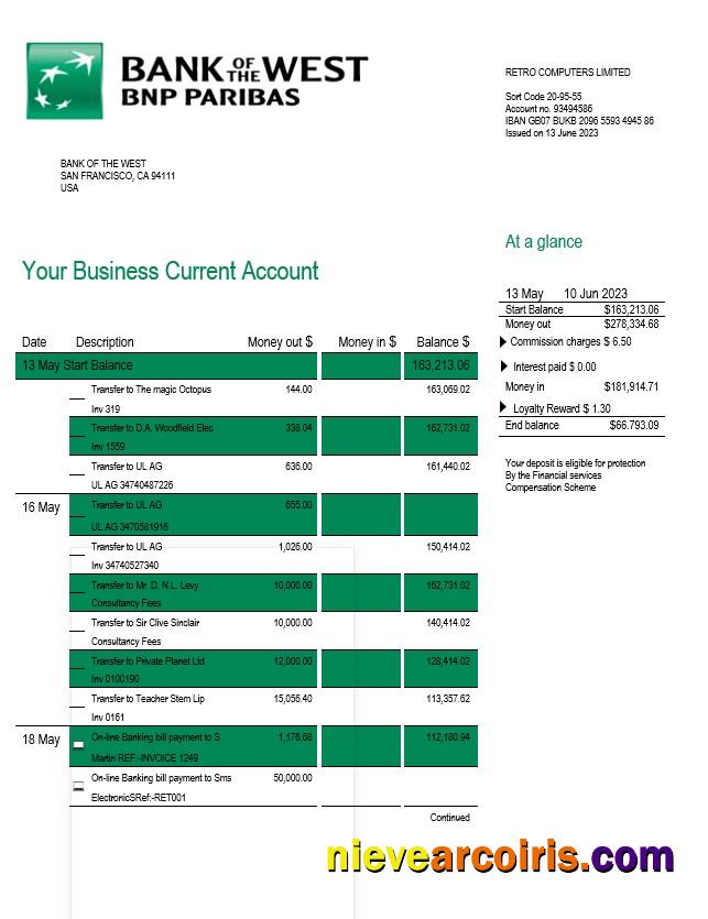 Realistic Bank Of The West Company Checking Account Statement Word And PDF Template