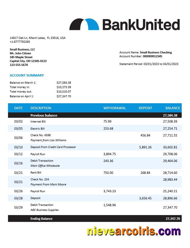 Editable BankUnited Enterprise Account Statement Word And PDF Template