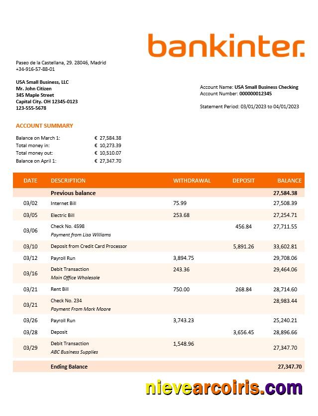 Editable Bankinter Enterprise Statement Word And PDF Template