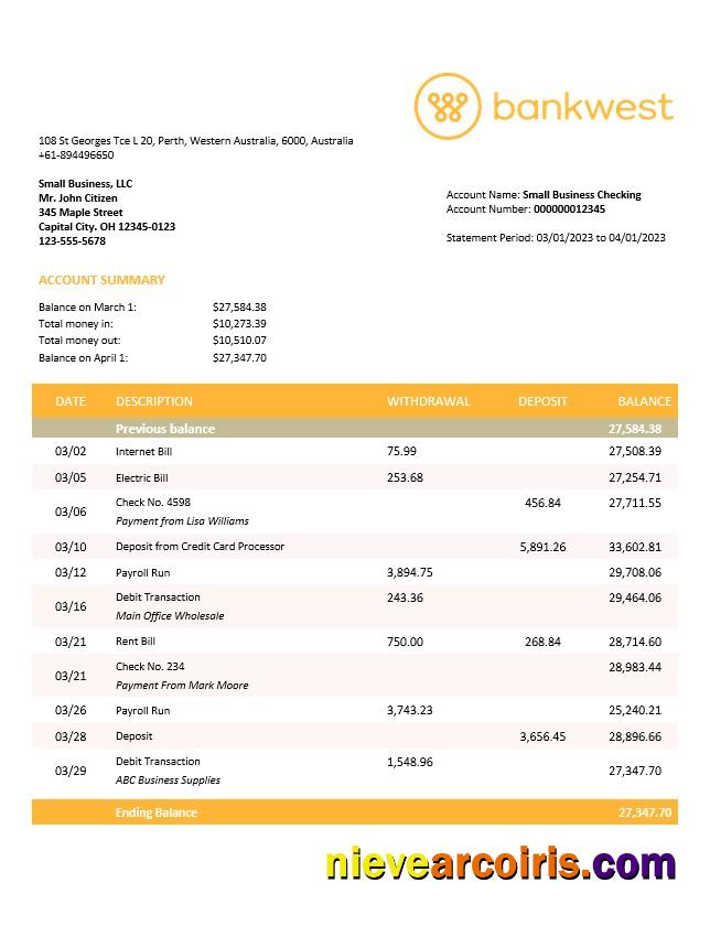Professional Bankwest Business Bank Statement Word And PDF Template