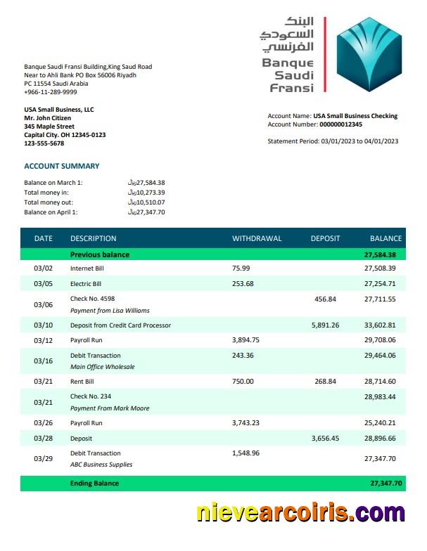 Editable Banque Saudi Fransi Company Checking Account Statement Word And PDF Template