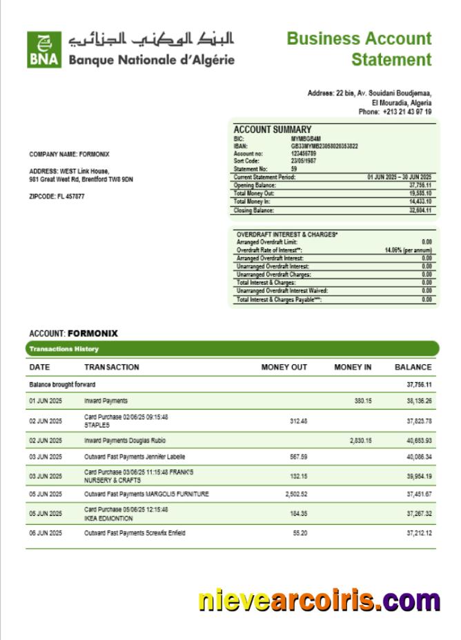 Realistic Banque Nationale D’Algérie (BNA) Enterprise Account Statement Word And PDF Template