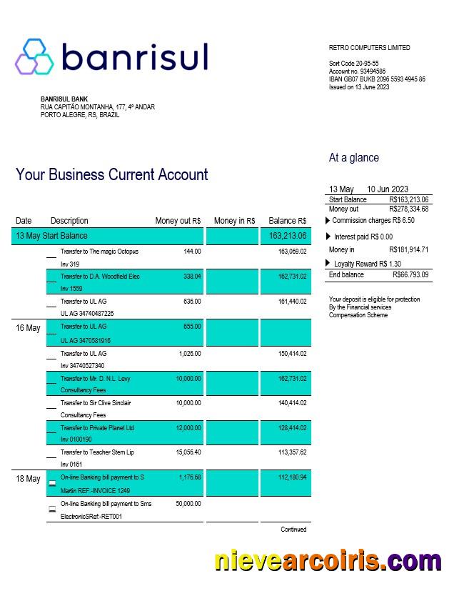 Editable Banrisul Bank Business Statement Word And PDF Template