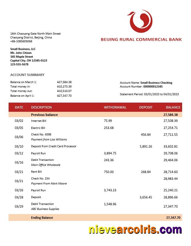 Editable Beijing Rural Commercial Bank Company Statement Word And PDF Template