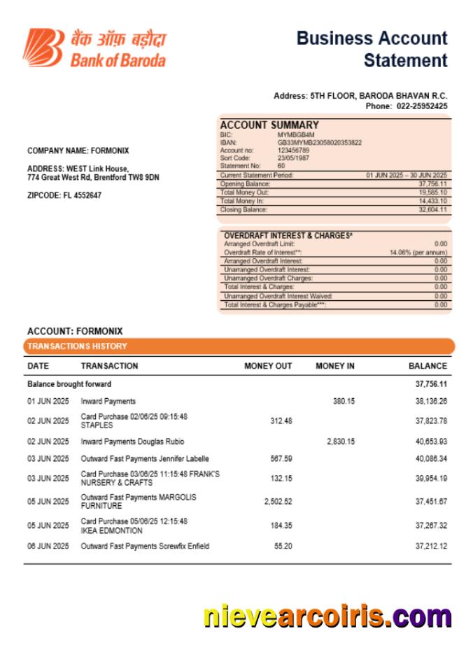 Professional Bob Bank Of Boroda Bank Organization Checking Account Statement Word And PDF Template