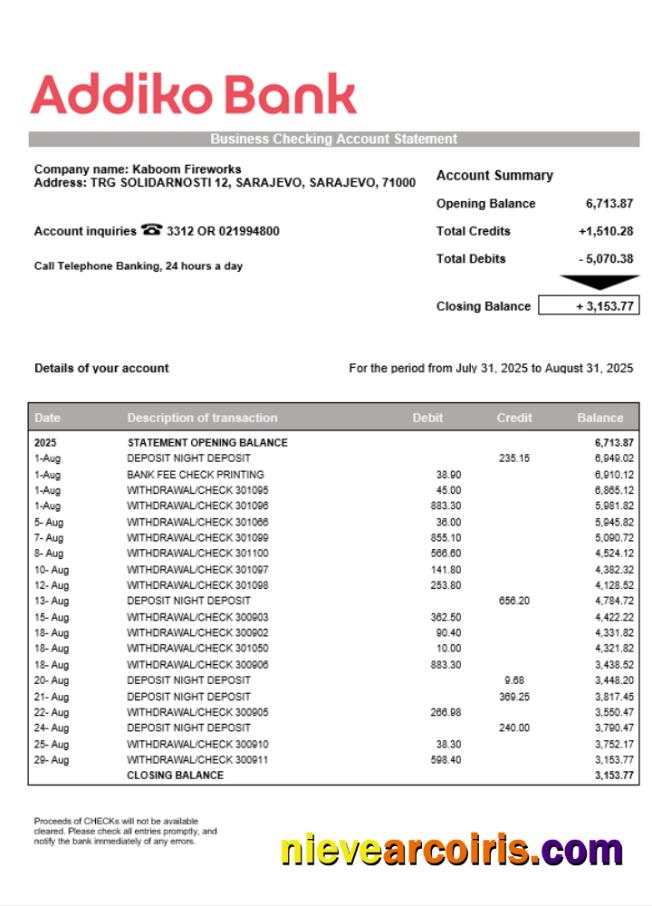 Premium Bosnian Addiko Enterprise Account Statement Word And PDF Template