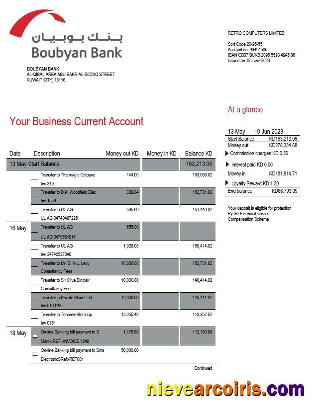 Premium Boubyan Bank Enterprise Account Statement Word And PDF Template