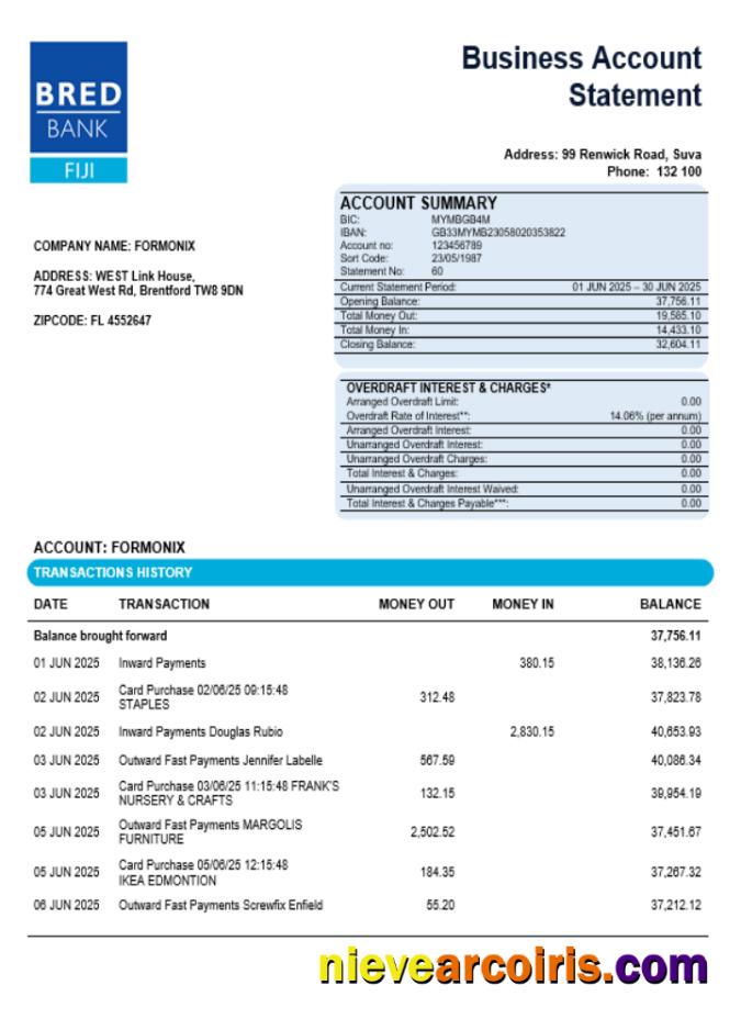 Bred Bank Firm Account Statement Word And PDF Format Template