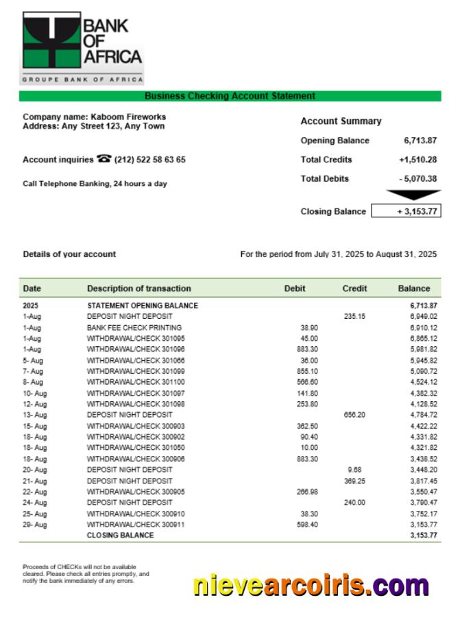 Burundi Bank Of Africa Bank Organization Checking Account Statement Word And PDF Format Preview