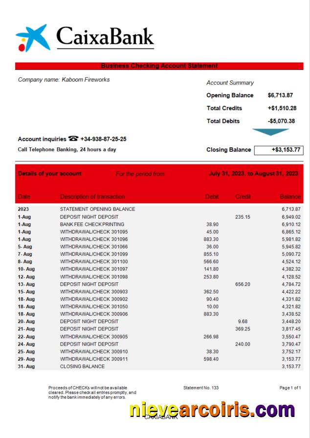 Realistic CAIXABANK Company Bank Statement Word And PDF Template