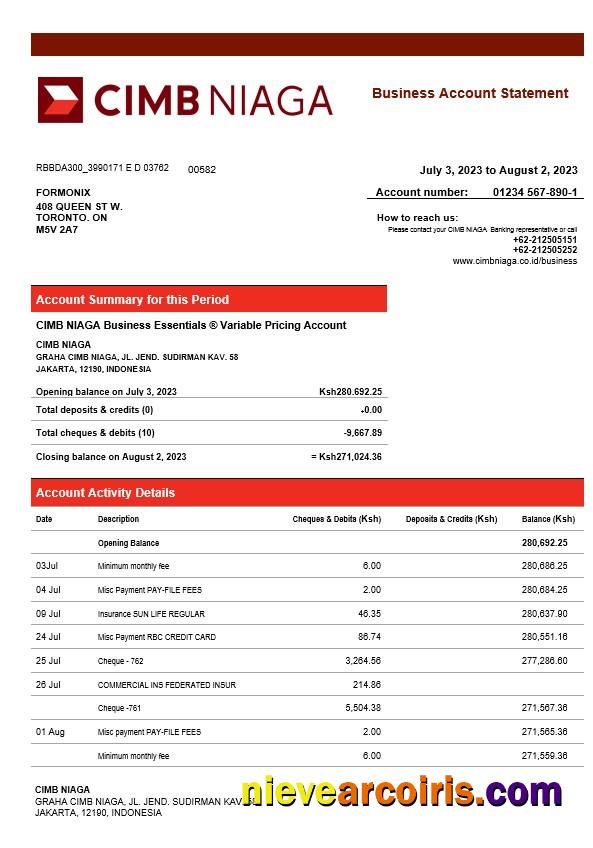 Premium CIMB Niaga Bank Business Checking Account Statement Word And PDF Template
