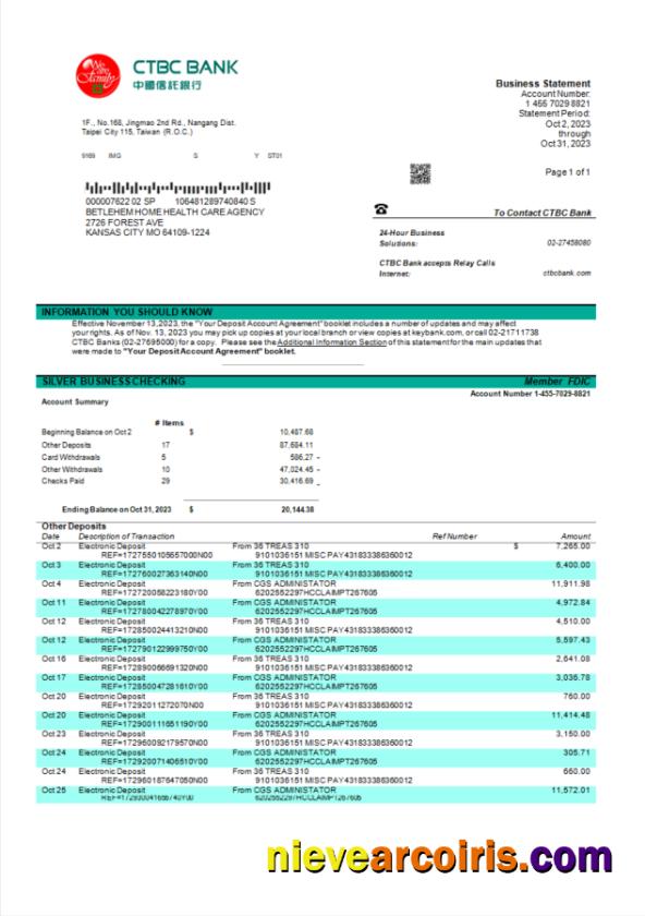 Realistic CTBC Bank Company Statement Word And PDF Template