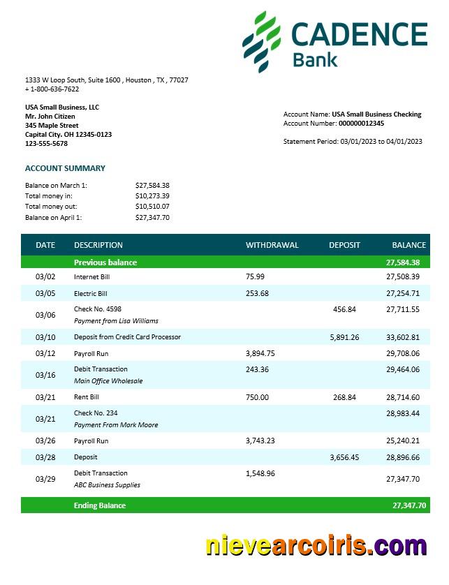 Realistic Cadence Bank Corporate Checking Account Statement Word And PDF Template