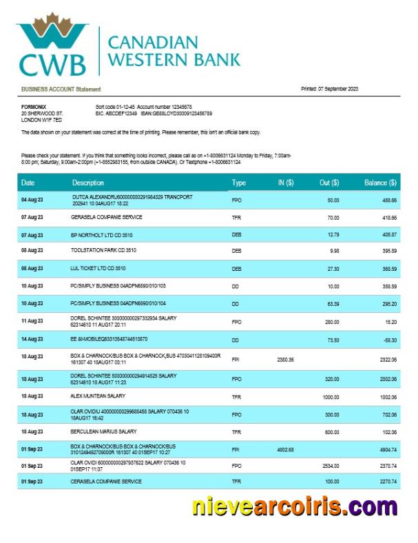 Realistic Canadian Western Bank Firm Account Statement Word And PDF Template
