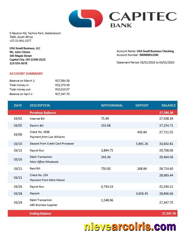 Premium Capitec Bank Firm Account Statement Word And PDF Template
