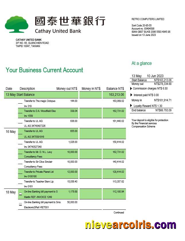Realistic Cathay United Bank Enterprise Account Statement Word And PDF Template