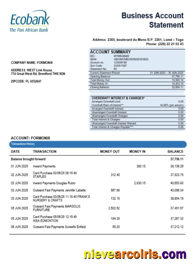 Central African Ecobank Business Bank Organization Account Statement Word And PDF Format Photolook