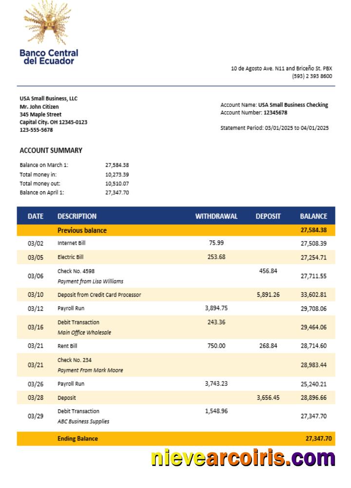 Central Bank Of Ecuador Business Bank Statement Word And PDF Format Photolook