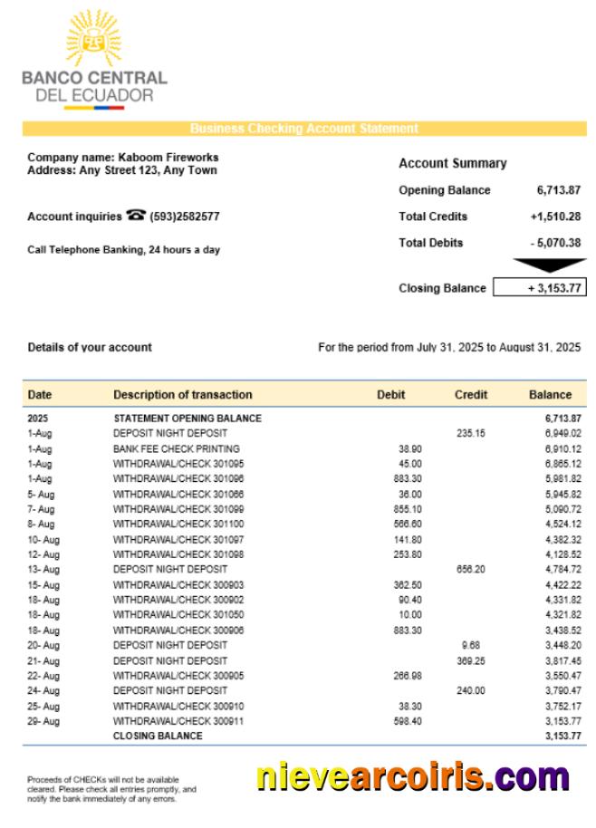 Central Bank Of Ecuadorian Organization Checking Account Statement Word And PDF Format Template