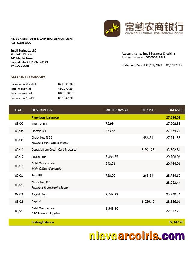 Editable Changshu Rural Commercial Bank Firm Account Statement Word And PDF Template