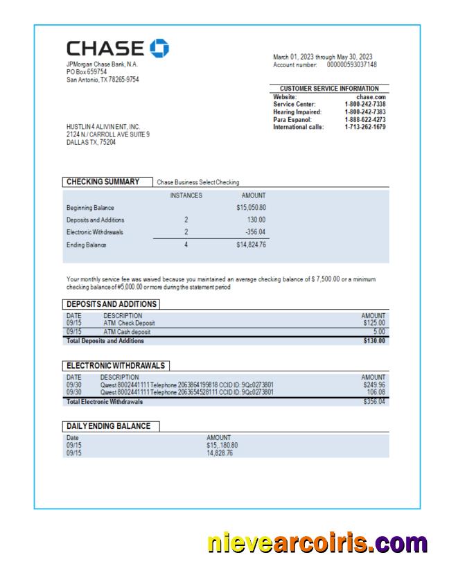 Editable Chase Bank Business Checking Account Statement Word And PDF Template