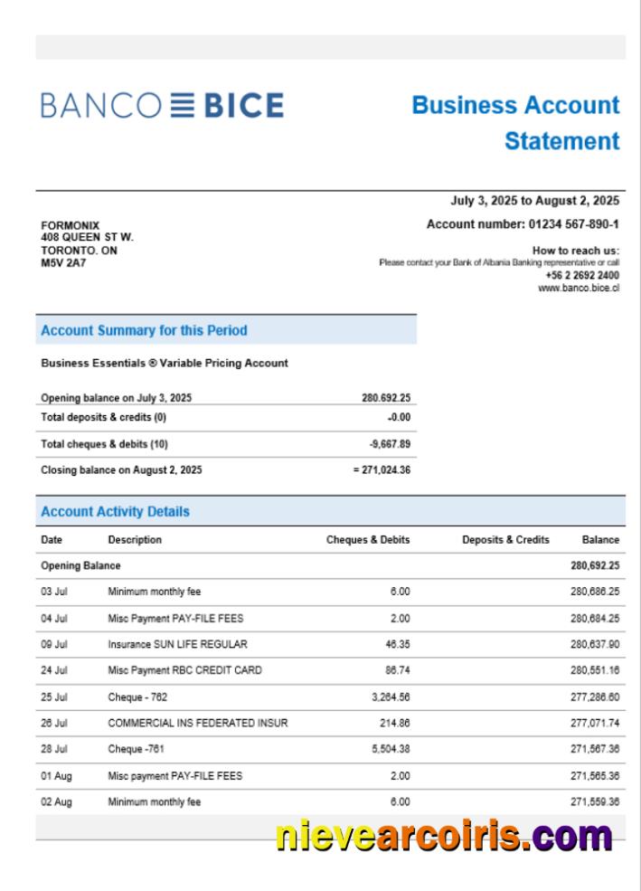 Chilean Banco Bice Business Firm Account Bank Statement Word And PDF Format Preview