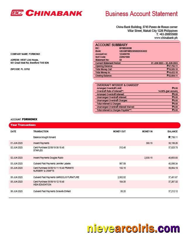 Professional China Banking Corporation Company Account Statement Word And PDF Template