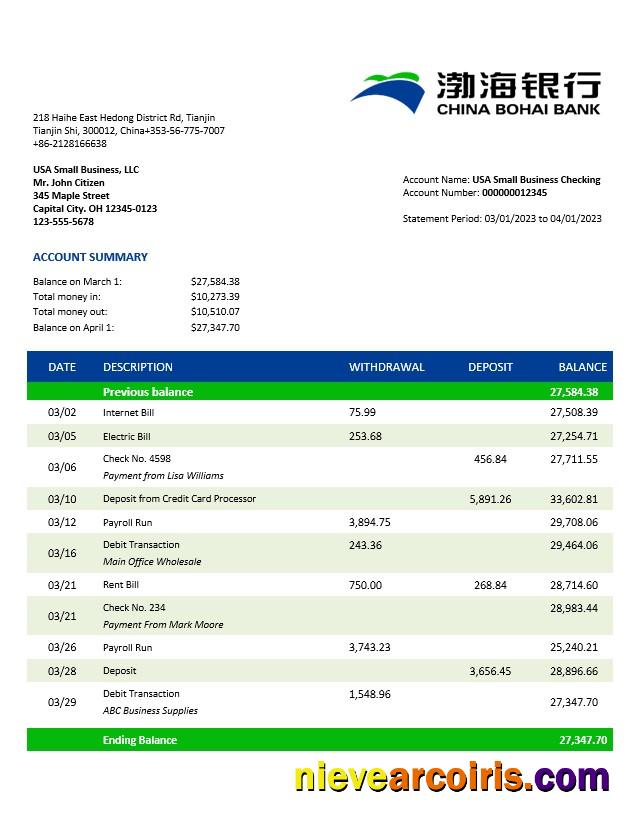 Premium China Bohai Bank Business Statement Word And PDF Template