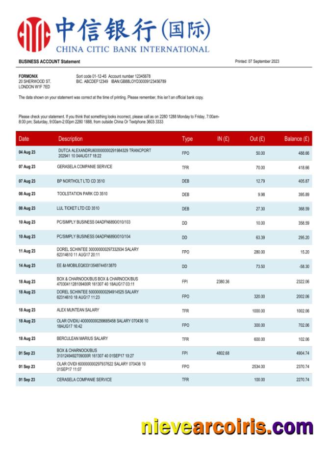 Editable China Citic Bank Corporate Account Statement Word And PDF Template
