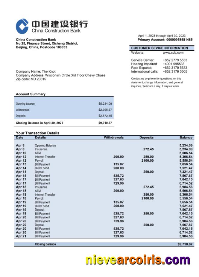 Professional China Construction Bank Business Account Statement Word And PDF Template