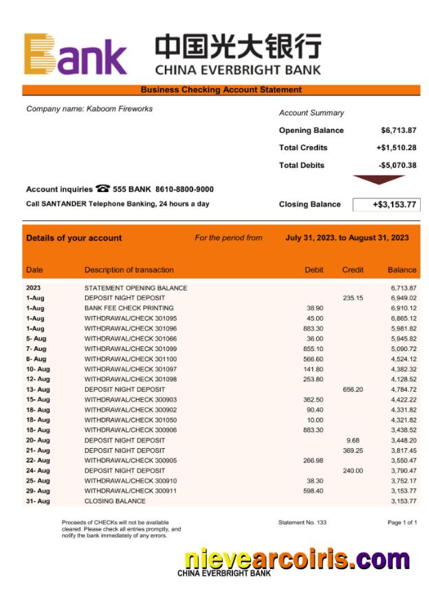 Professional China Everbright Bank Firm Account Statement Word And PDF Template
