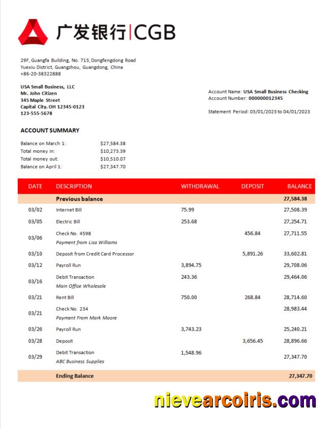Realistic China Guangfa Bank Company Statement Word And PDF Template