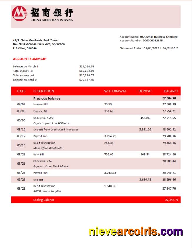 Realistic China Merchants Bank Firm Account Statement Word And PDF Template